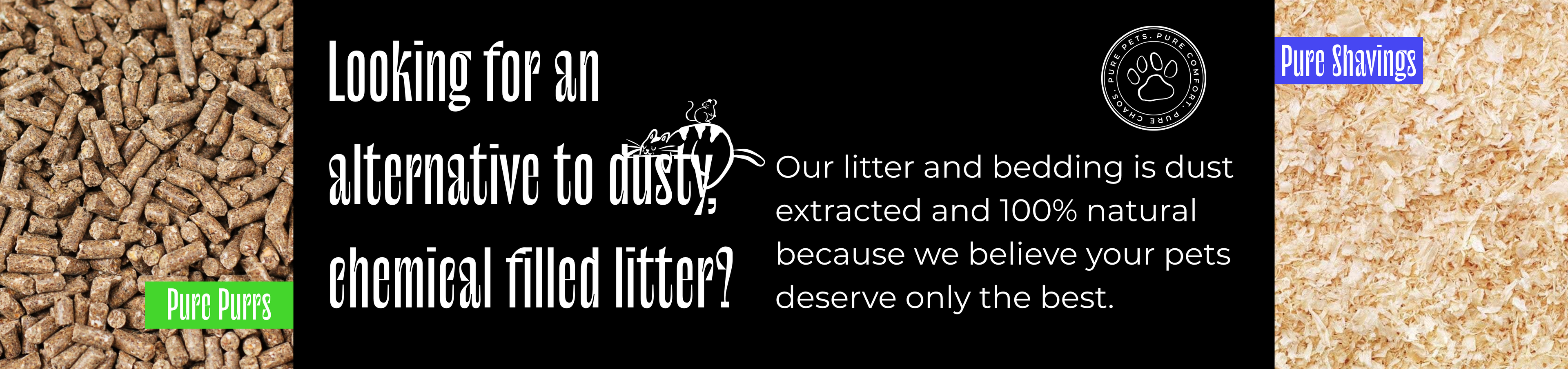 Advertisement for Pure Litters with text and images of litter products.